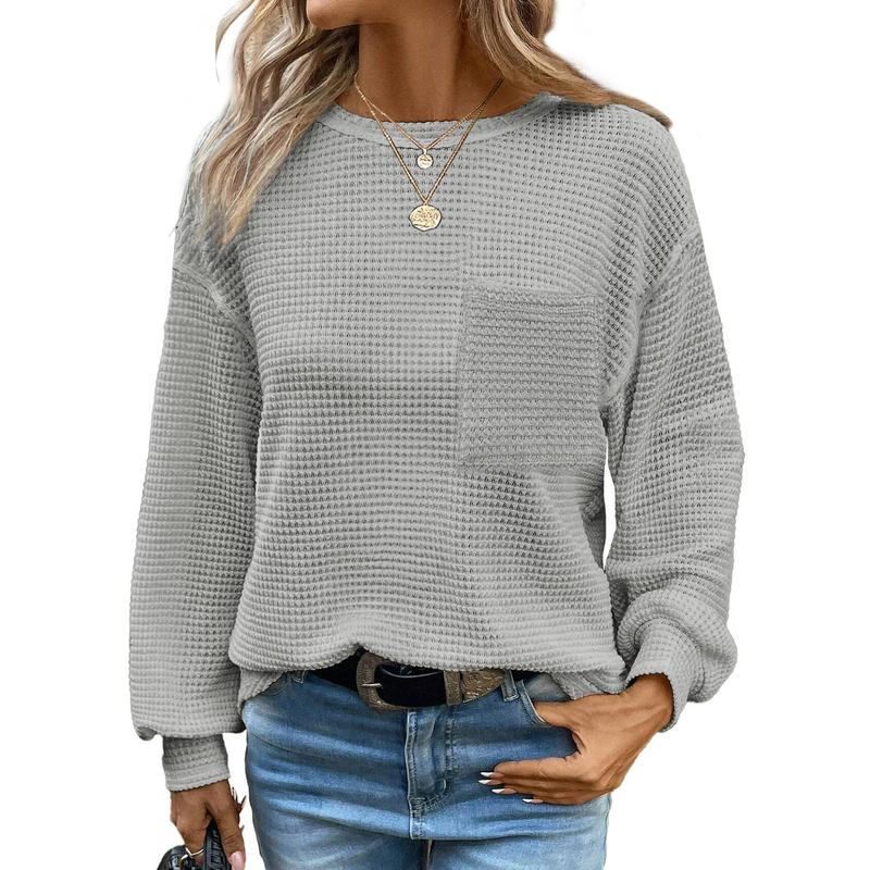 Light gray oversized long-sleeve crewneck blouse with waffle knit texture and chest pocket