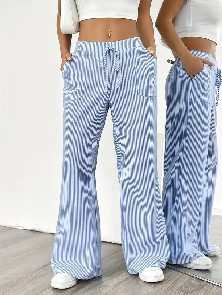 Blue striped wide-leg pants with drawstring waist and side pockets
