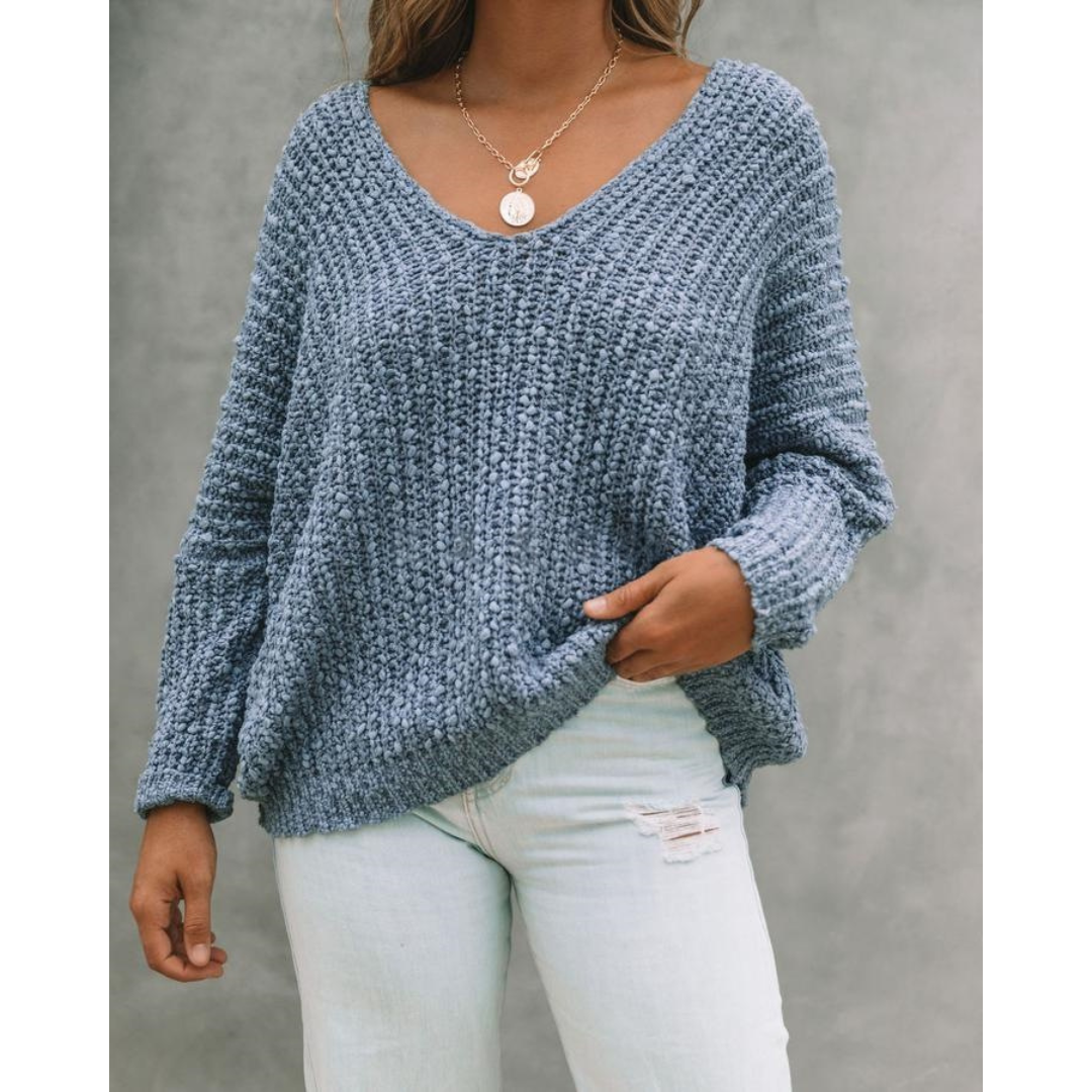 Lightweight knit V-neck long-sleeve sweater, blue, drop-shoulder silhouette
