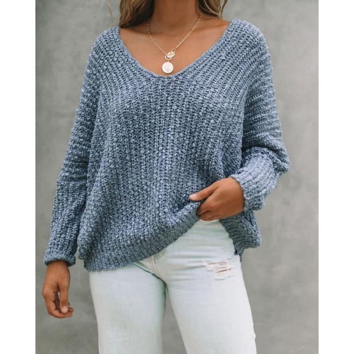 Lightweight knit V-neck long-sleeve sweater, blue, drop-shoulder silhouette
