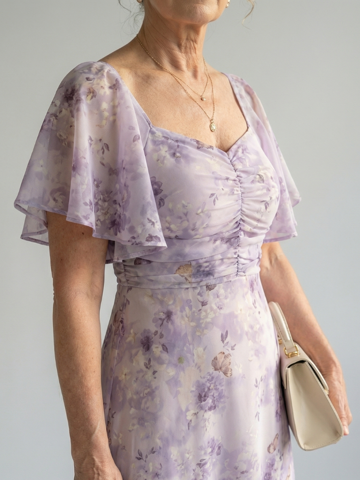 Lavender floral midi dress close-up: flutter sleeves, ruched bust bodice, gathered waist