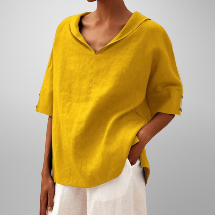Women’s loose cotton blouse, yellow, V-neck with hooded collar, short sleeves