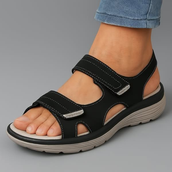 Black orthopaedic sandals with two hook-and-loop straps and cushioned ridged sole