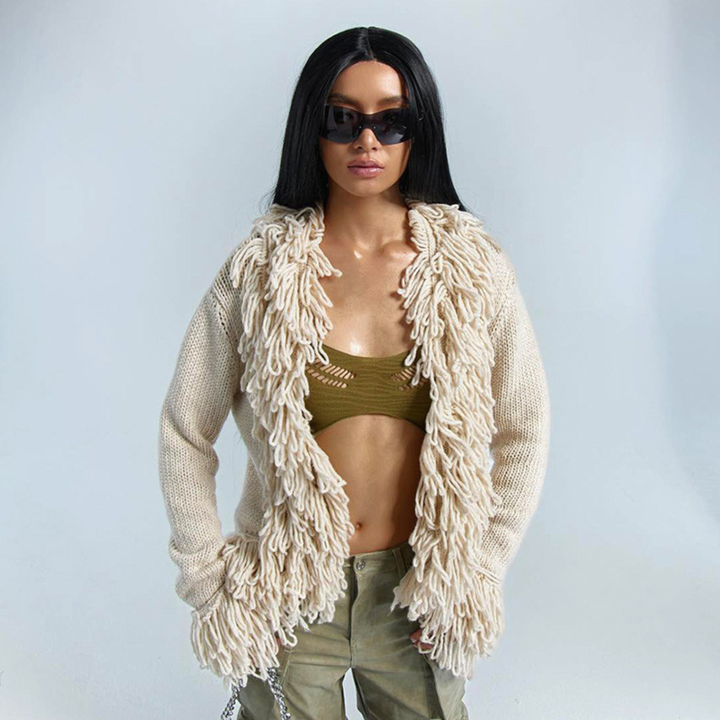 Ivory open-front long sleeve cardigan with thick fringe trim