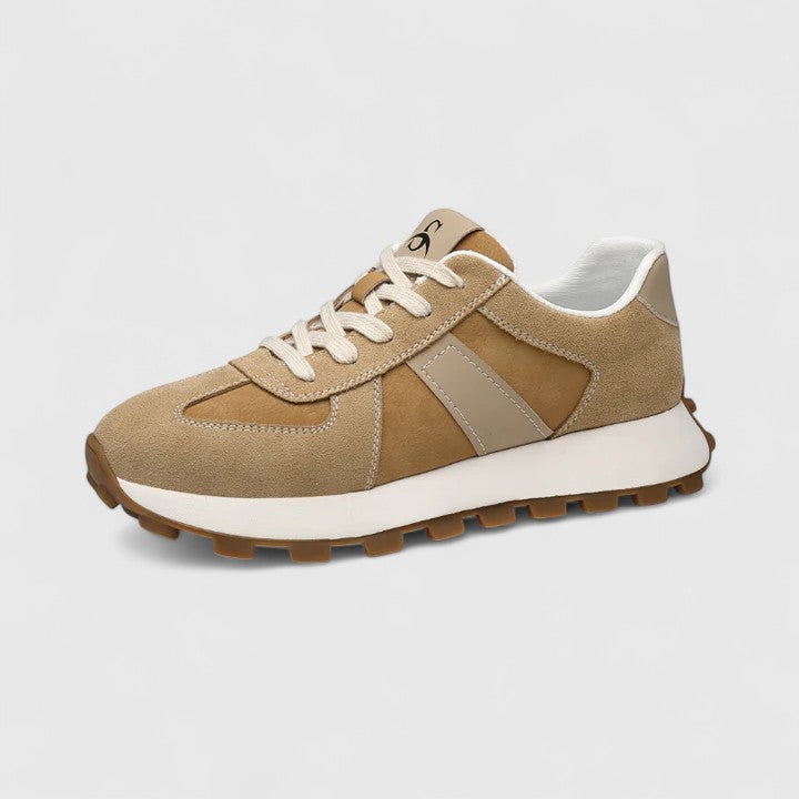 Khaki lace-up sneakers with light beige panels and white midsole with brown tread