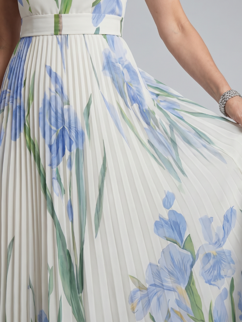 Pleated floral midi dress with square neckline, white base and blue-green flower print