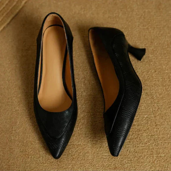Pair of black pointed-toe pumps with low block heels.