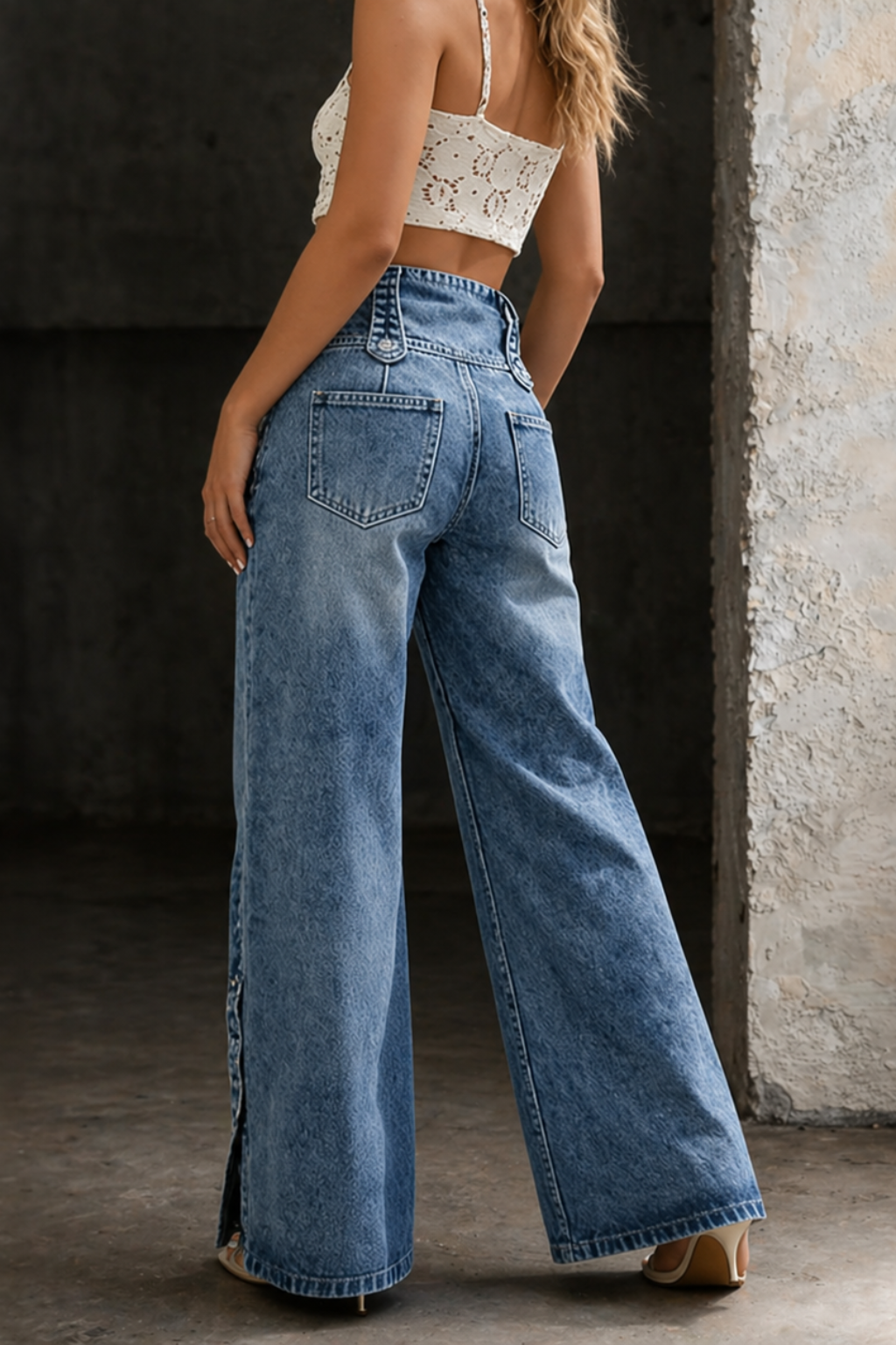 High-waist blue denim wide-leg jeans with back pockets and yoke seam