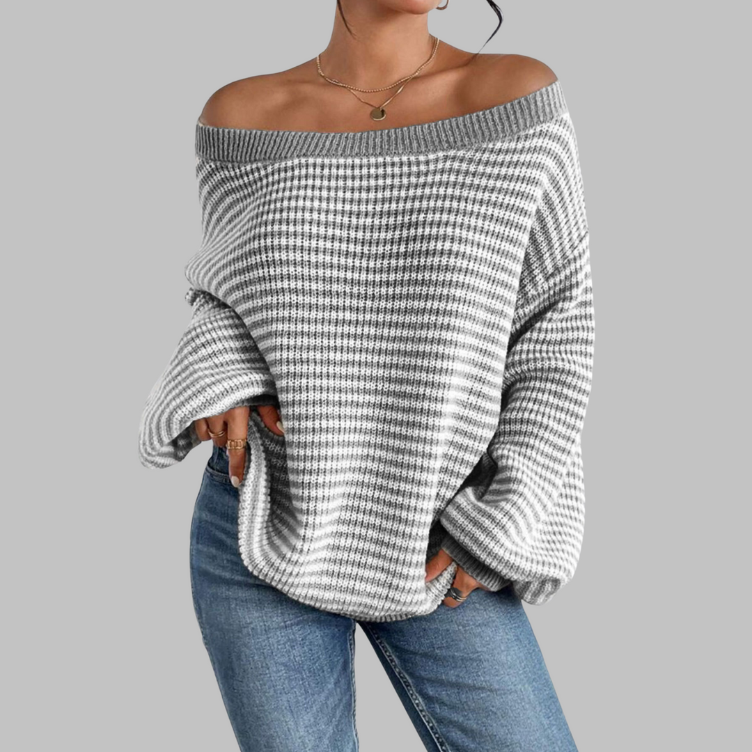 Striped drop-shoulder long-sleeve sweater, off-shoulder neckline, gray and white