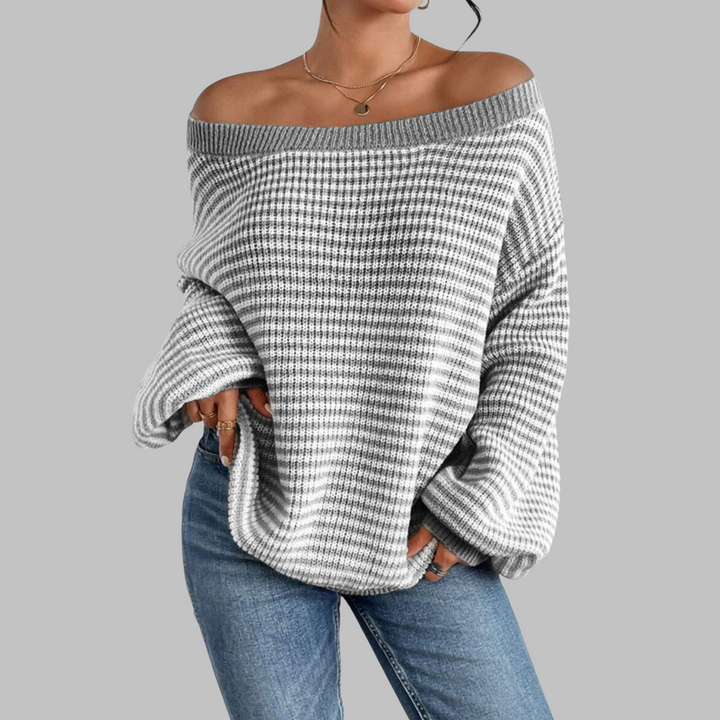 Striped drop-shoulder long-sleeve sweater, off-shoulder neckline, gray and white
