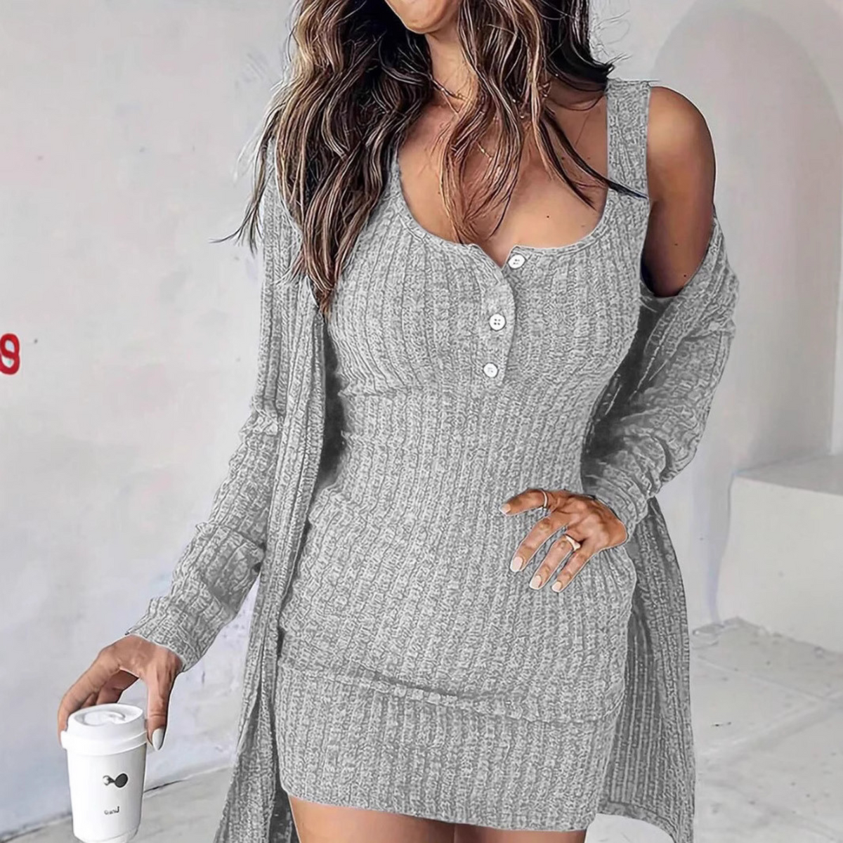 Gray ribbed knit two-piece dress set with sleeveless button-front bodice and long cardigan