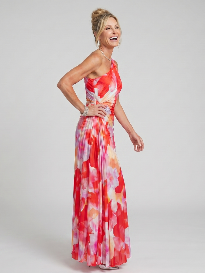 One-shoulder floral midi dress with pleated design, red and pink multicolor print