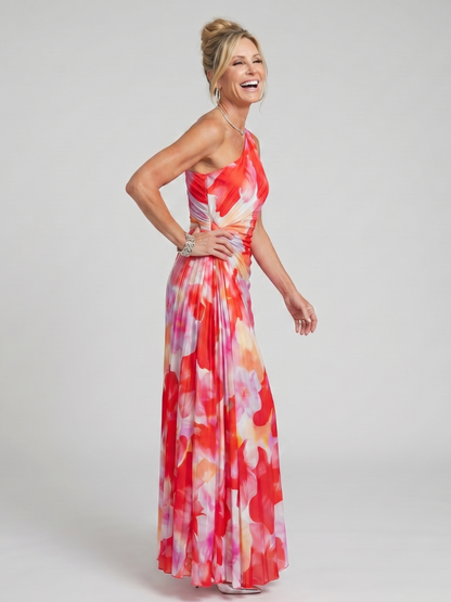 One-shoulder floral midi dress with pleated design, red and pink multicolor print