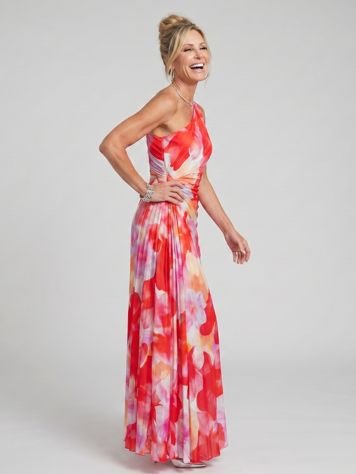 One-shoulder floral midi dress with pleated design, red and pink multicolor print
