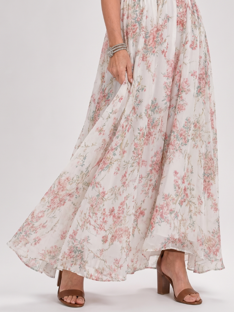 Floral print tiered midi skirt with halter bodice and pleated fabric