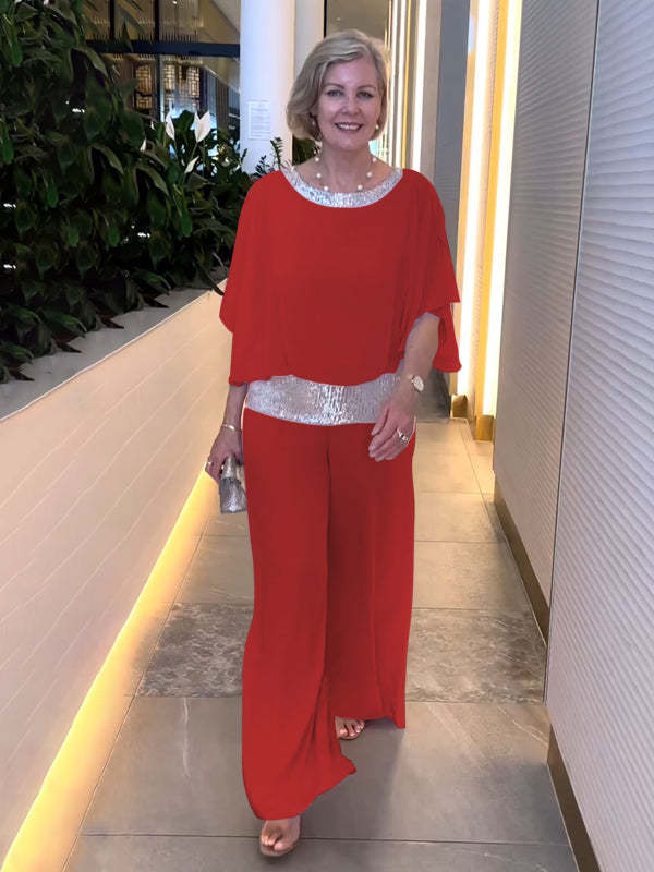Red relaxed top and wide-leg trousers set, sequined waistband