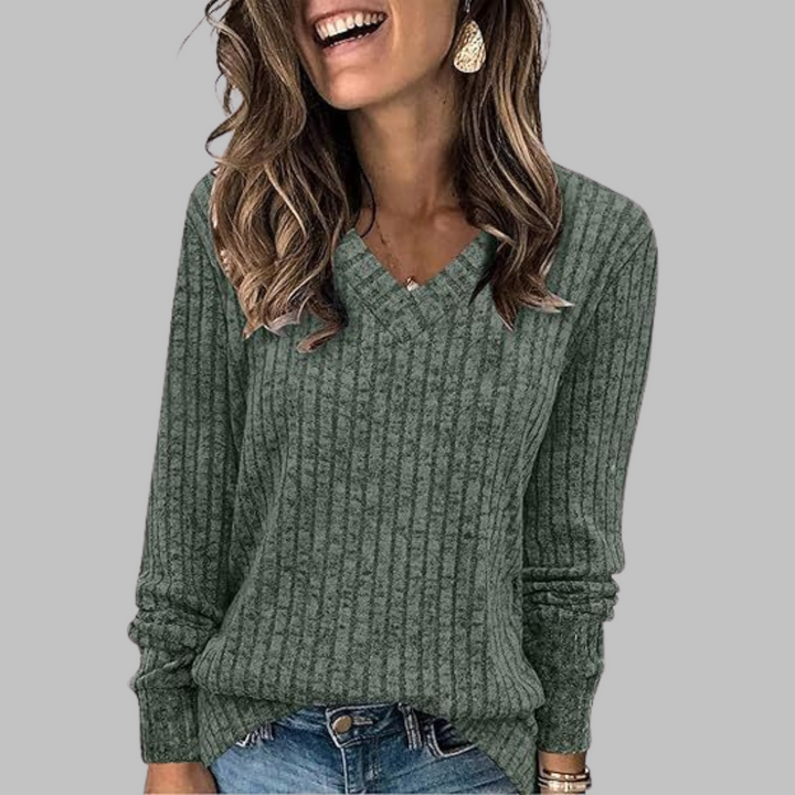 Green V-neck long-sleeve casual sweater with ribbed knit texture