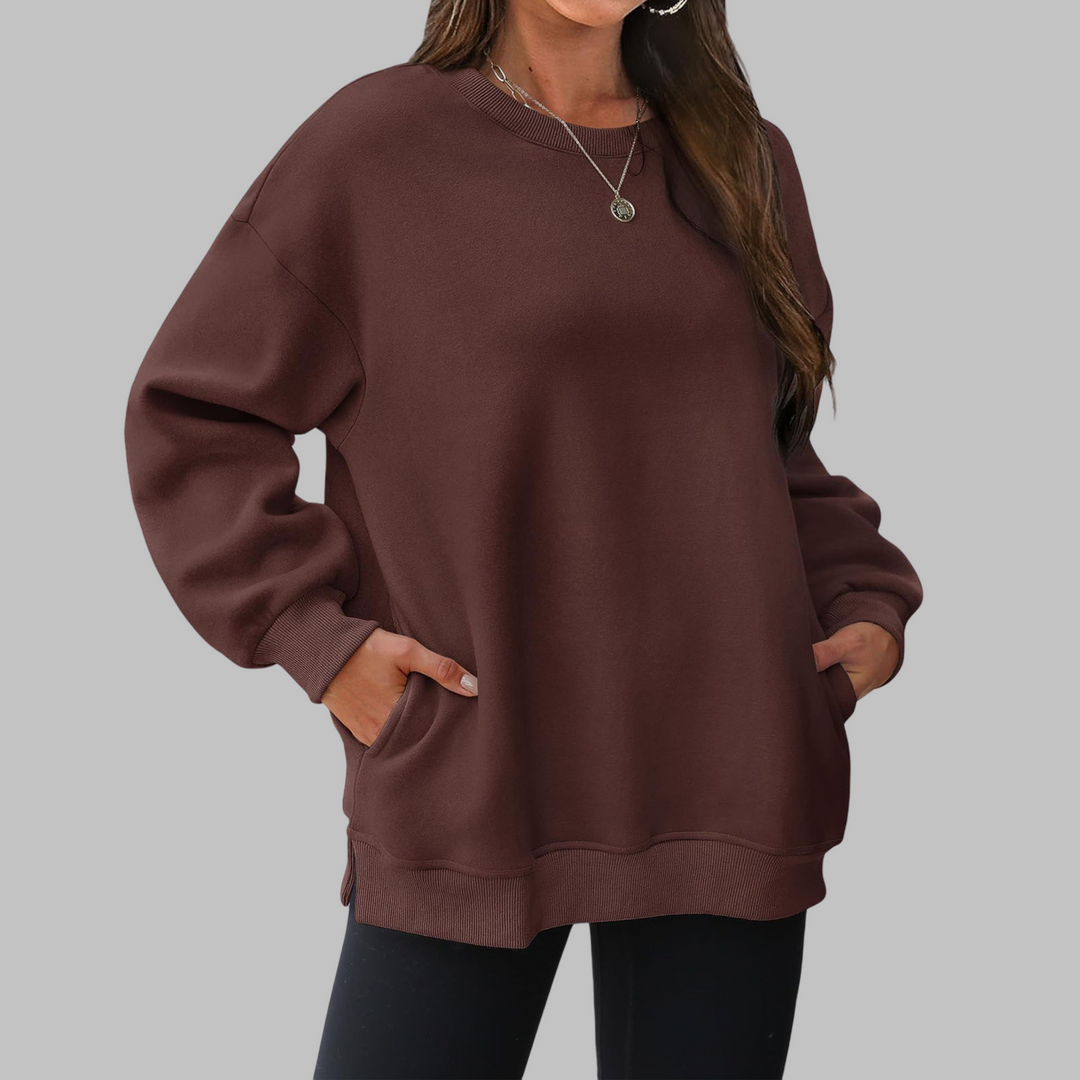 Brown oversized crewneck long sleeve sweater with ribbed cuffs and hem