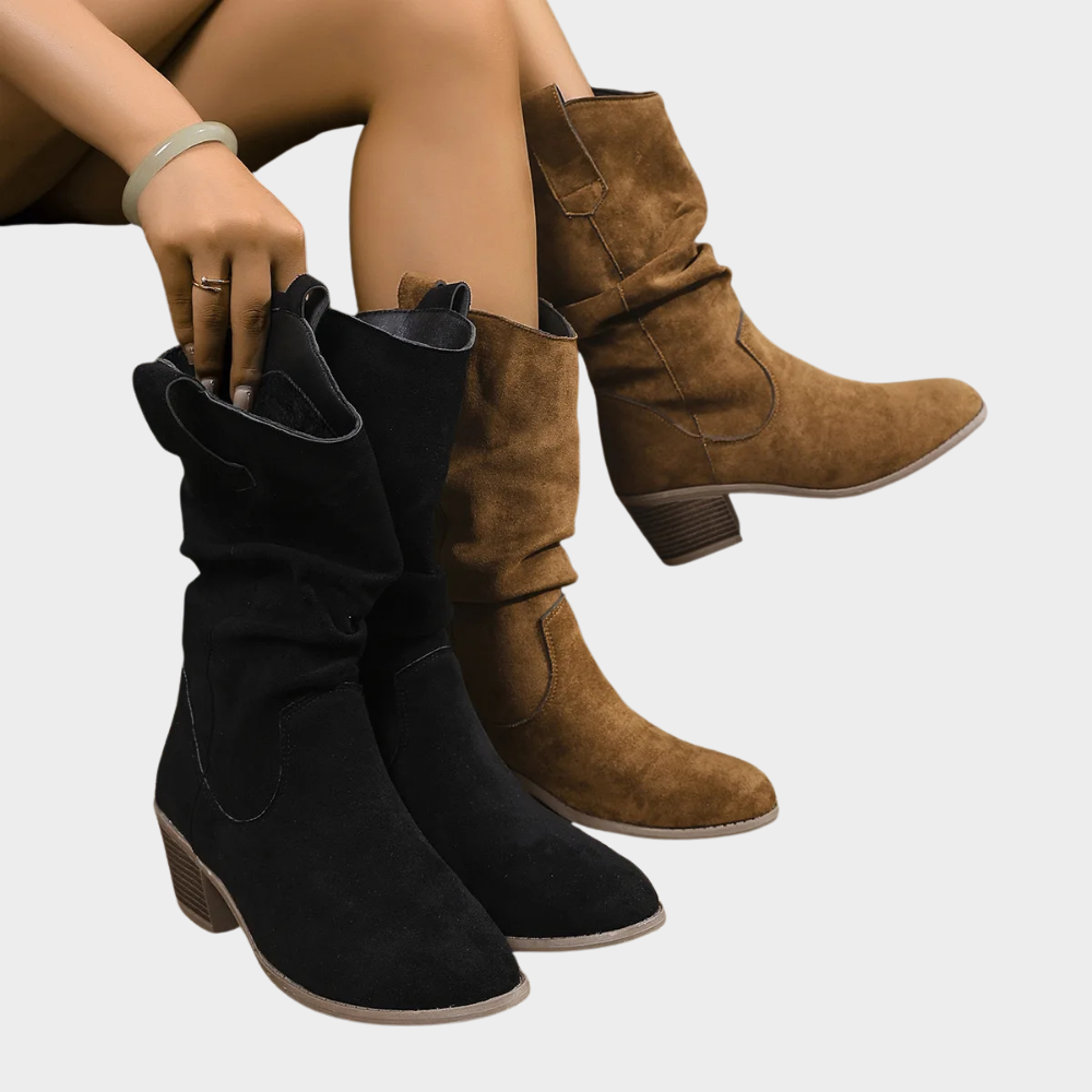 Black and dark brown mid-heel cowboy boots, pull-on suede with western seams and block heels