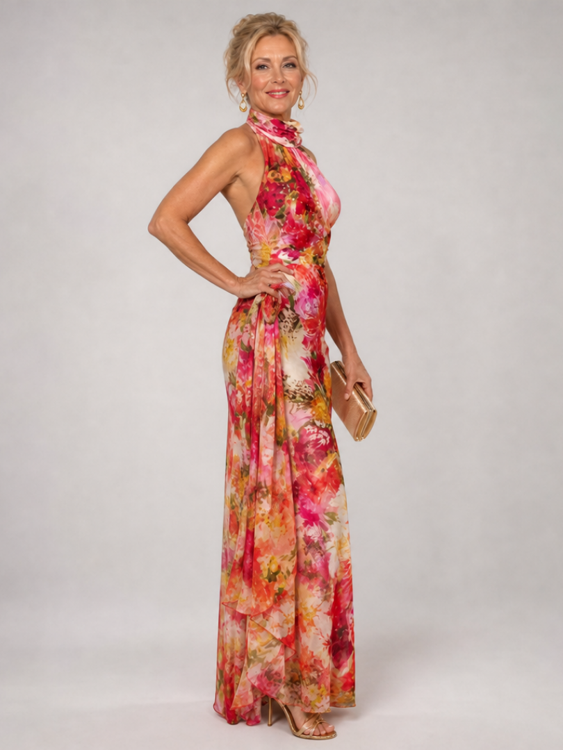Sleeveless halter neck floral maxi dress with draped skirt and flowing silhouette