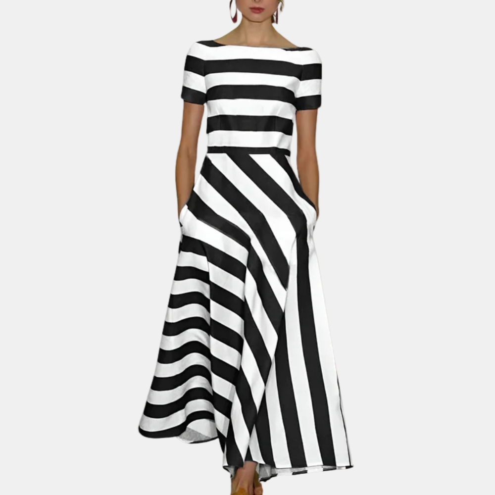 Striped maxi dress with short sleeves, boat neckline; black-and-white bold stripes