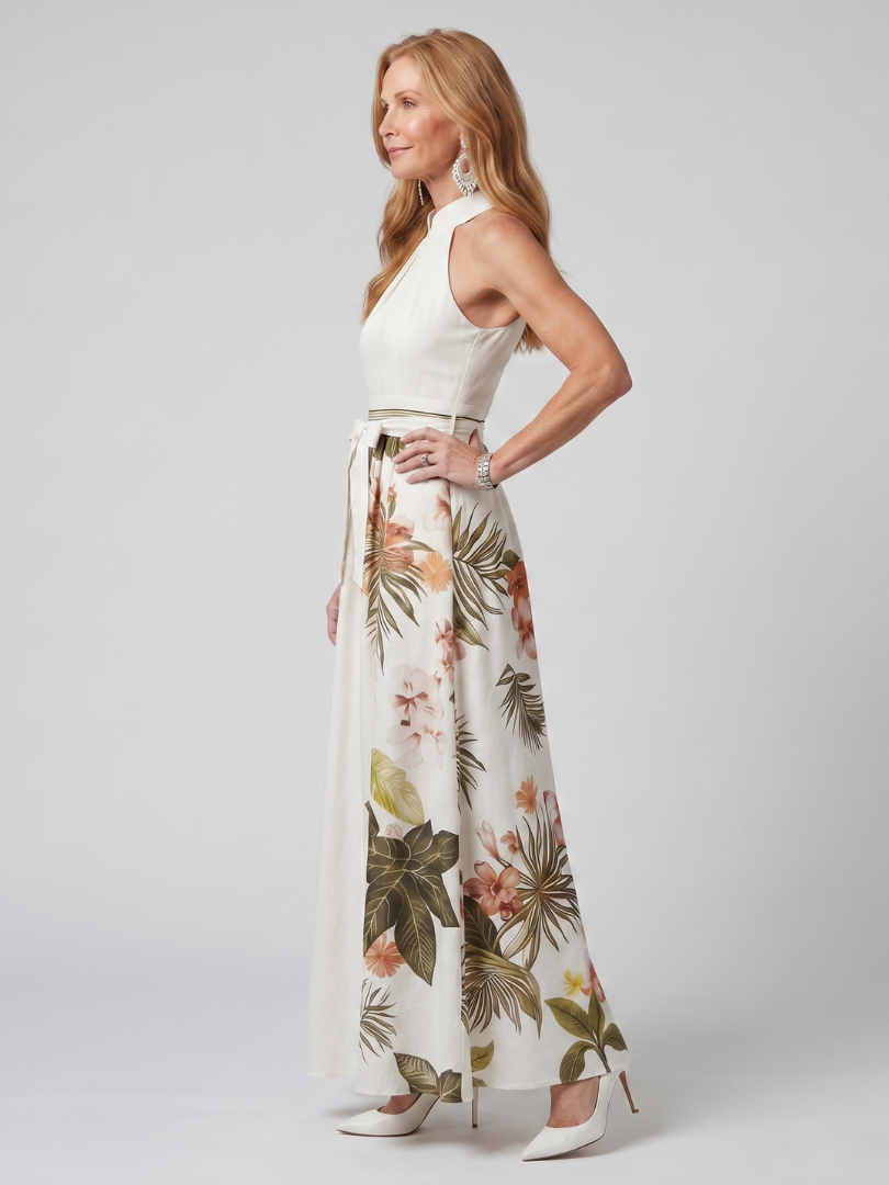 White halter maxi dress with draped neckline and sleeveless bodice, floral botanical skirt