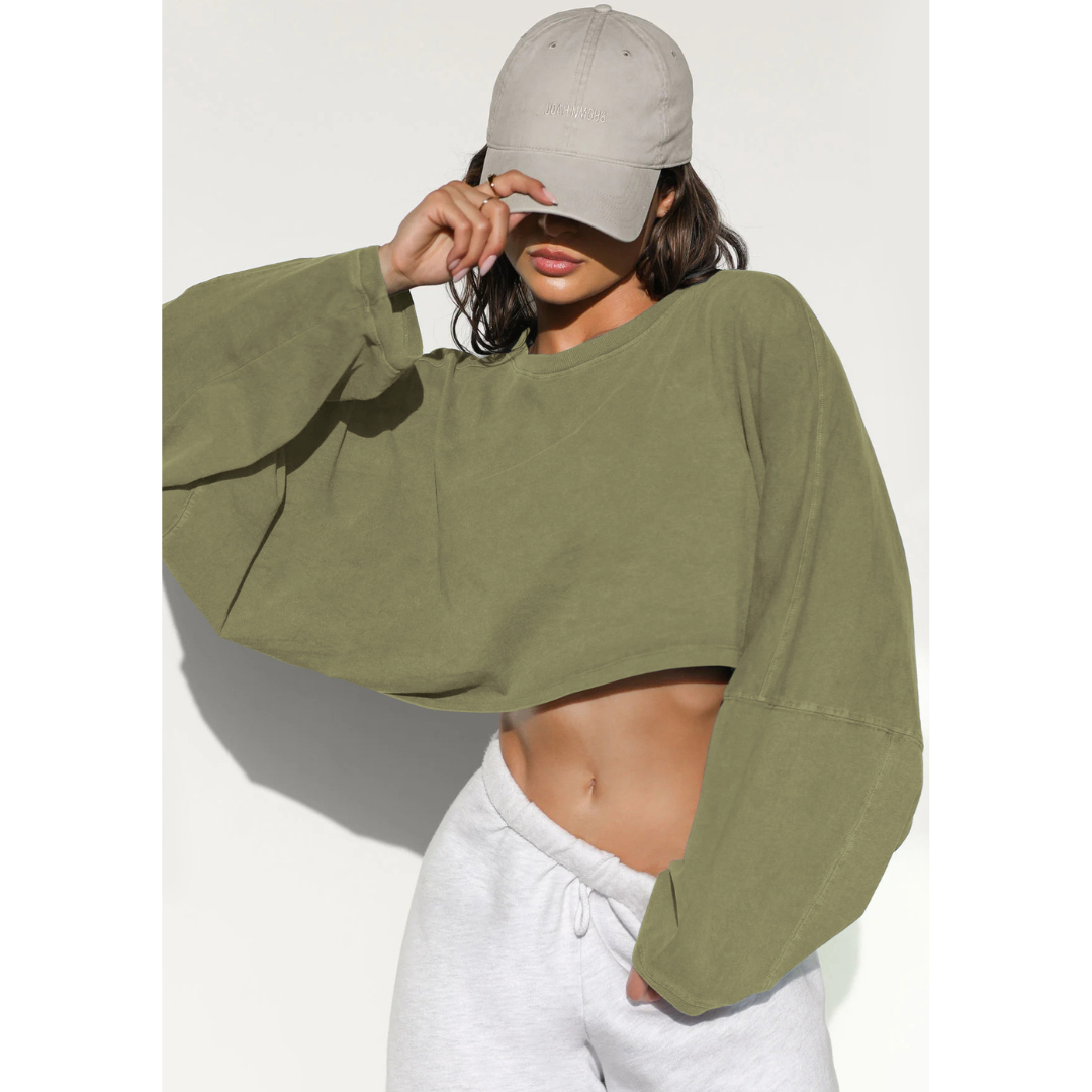 Women’s cropped pullover sweatshirt, olive green crew neck with long sleeves