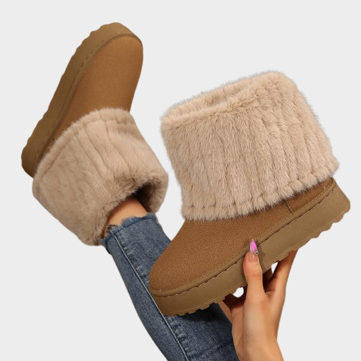 Camel faux-fur lined boots with wide cuff and chunky sole
