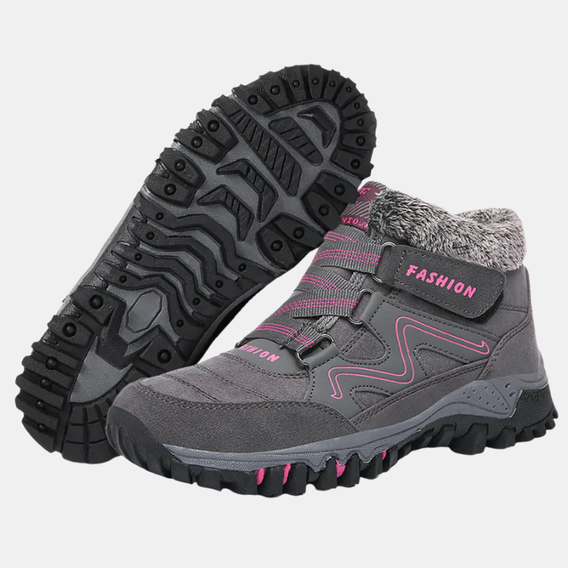 Gray orthopedic shoes with hook-and-loop straps and padded fuzzy collar