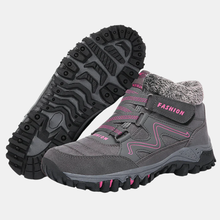 Gray orthopedic shoes with hook-and-loop straps and padded fuzzy collar