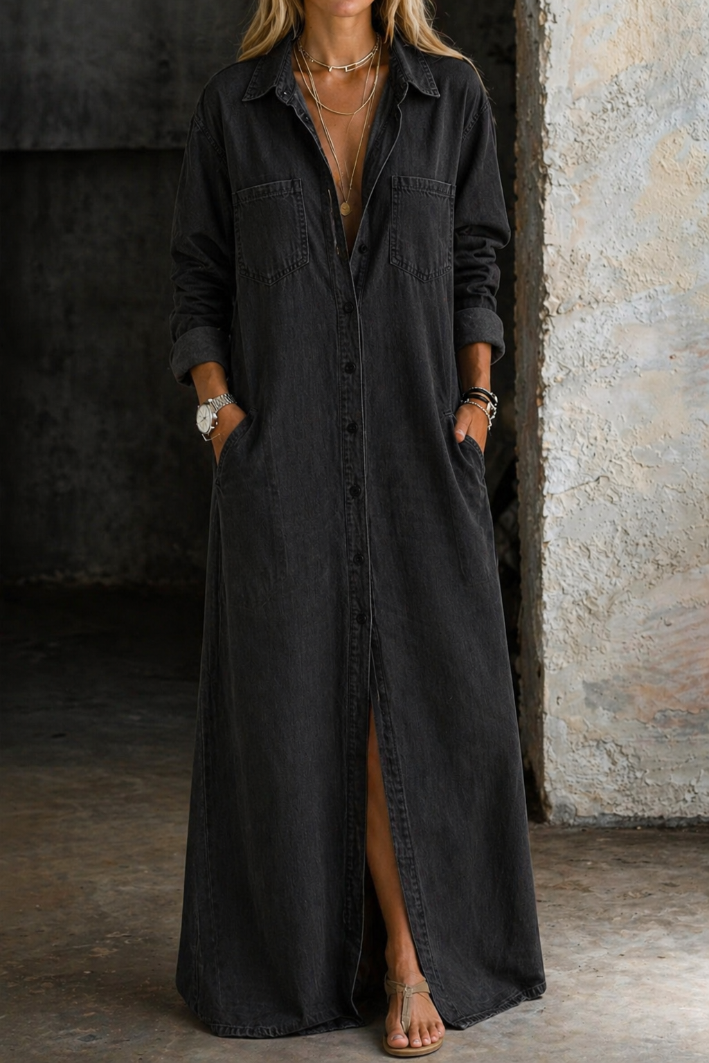 Black denim button-down shirt dress with collar, chest pockets, long sleeves, front slit