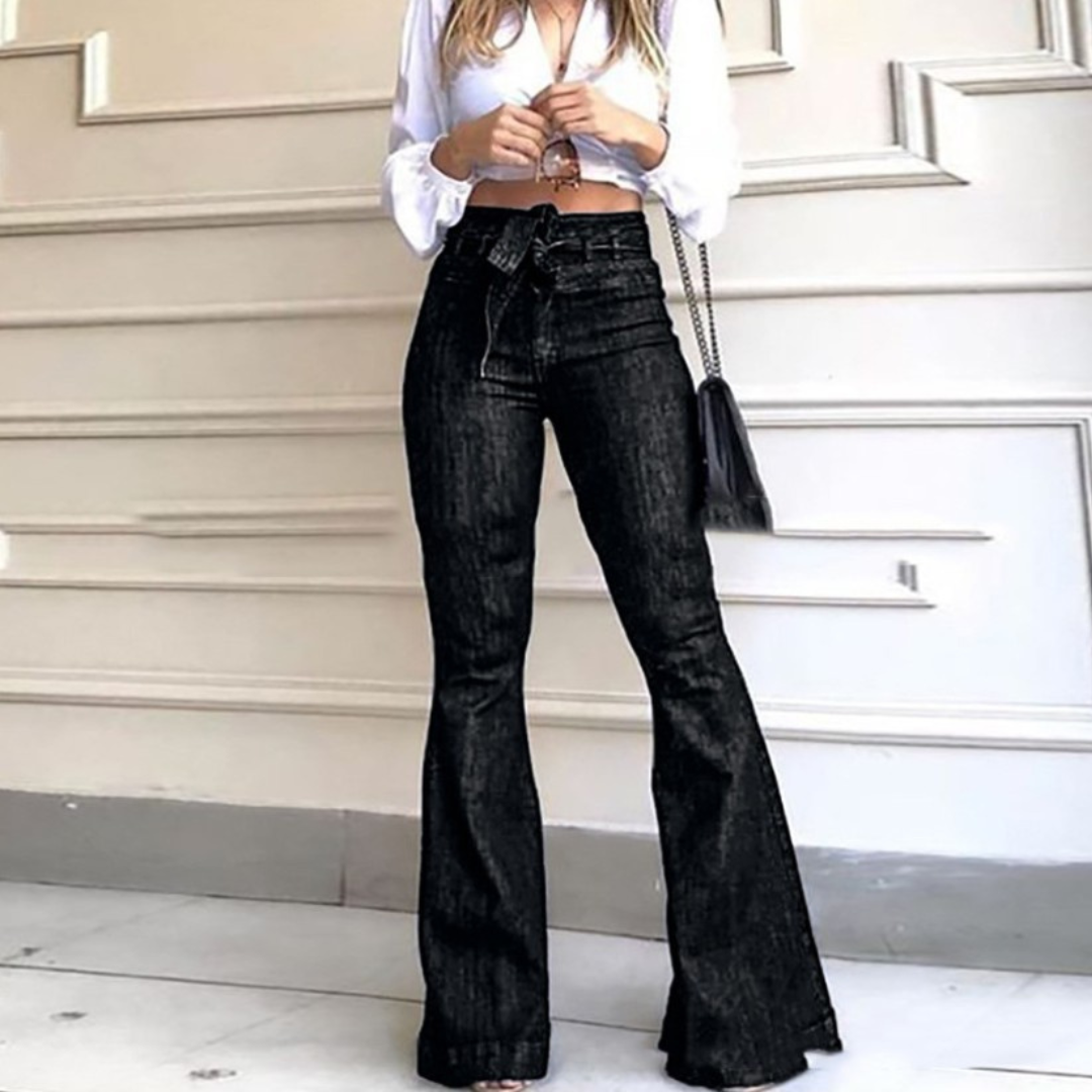 Black vintage wide-leg lace-up flared jeans, high-rise with front eyelet detail