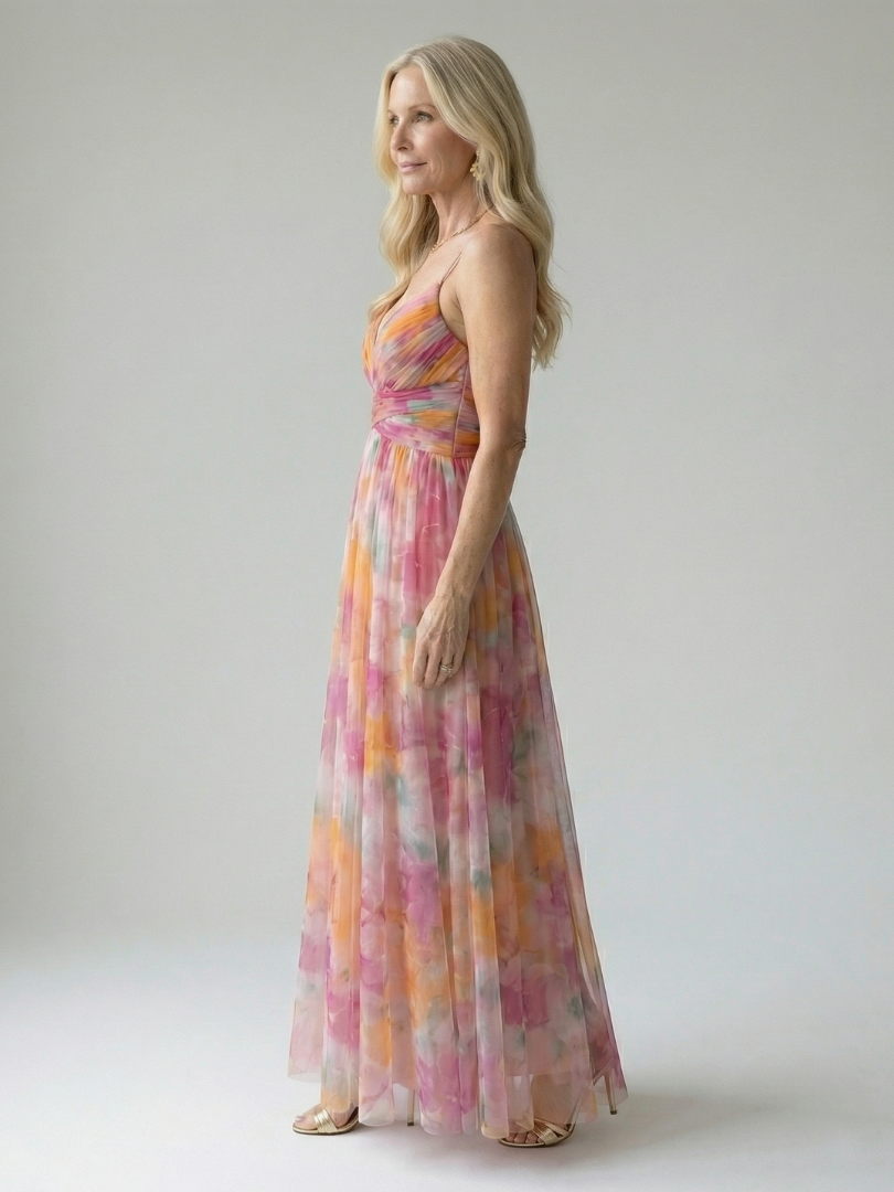 Multicolor soft wrap maxi dress, side view, sleeveless V-neck with gathered waist