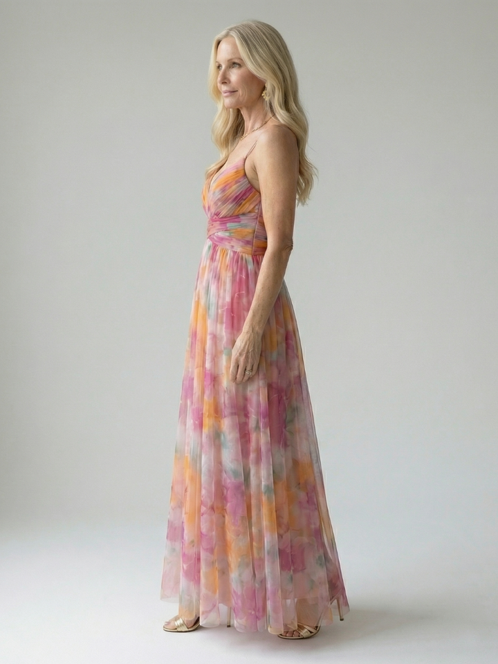 Multicolor soft wrap maxi dress, side view, sleeveless V-neck with gathered waist