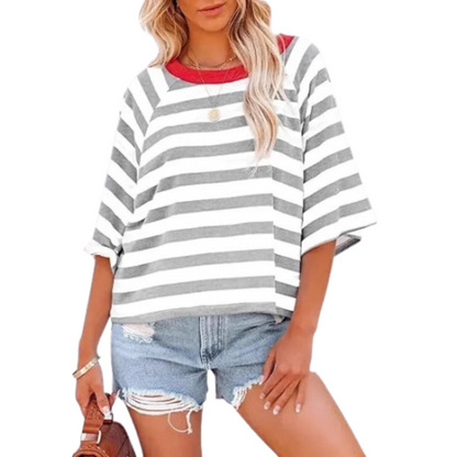 Loose fit crewneck top in white and gray stripes with red neckline band