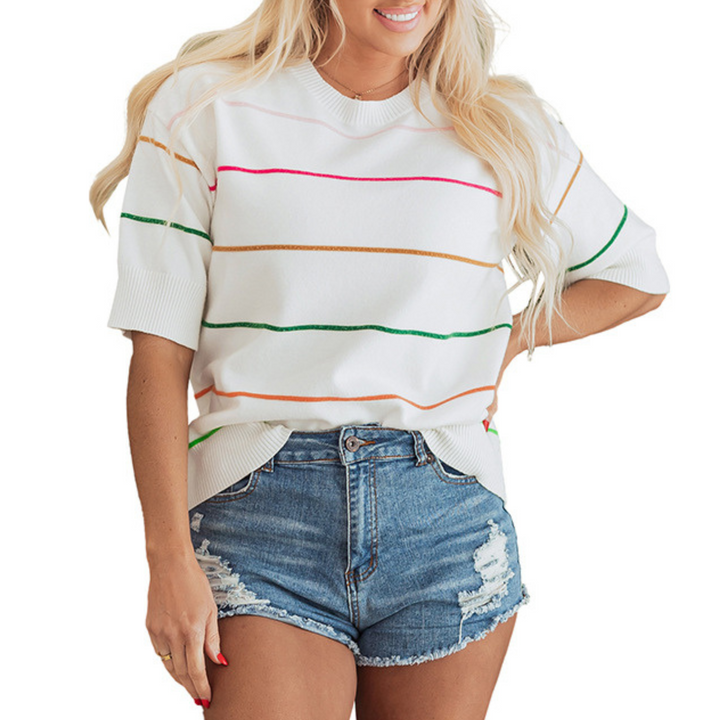 Lightweight striped round-neck top in white with colorful horizontal stripe bands