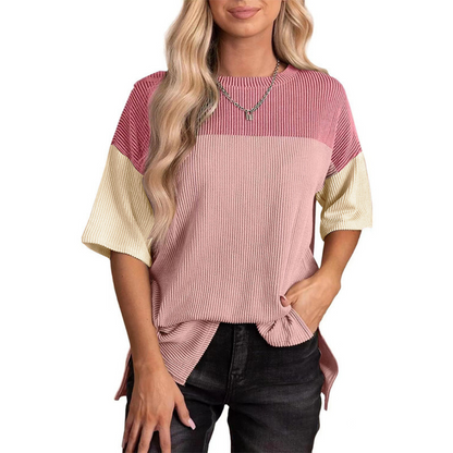 Pink and beige color-block striped summer top, ribbed round neck, short sleeves