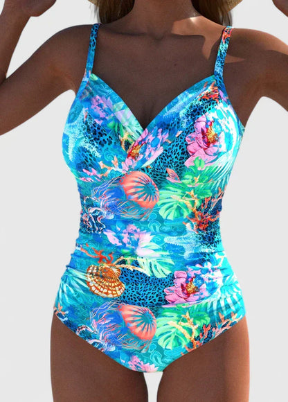 Women's cyan printed one-piece swimsuit with gathered V-neck and ruched sides