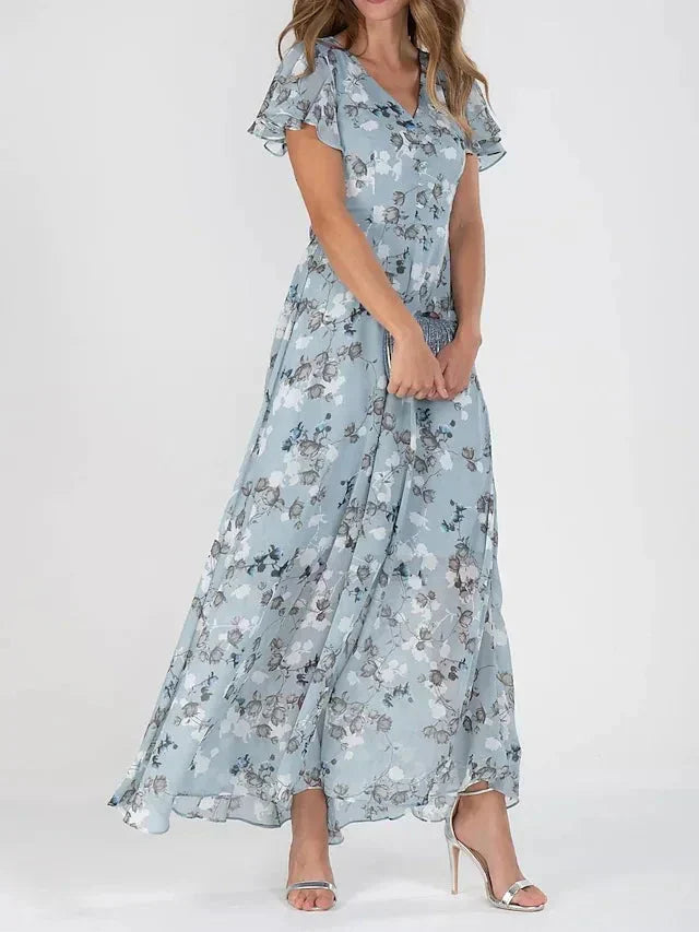Blue-gray floral short-sleeve dress with V-neck and gathered midi skirt