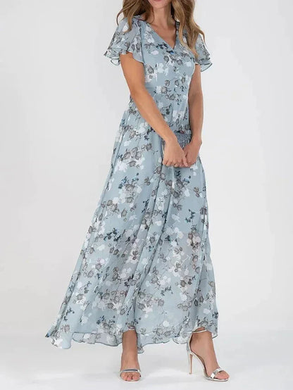 Blue-gray floral short-sleeve dress with V-neck and gathered midi skirt