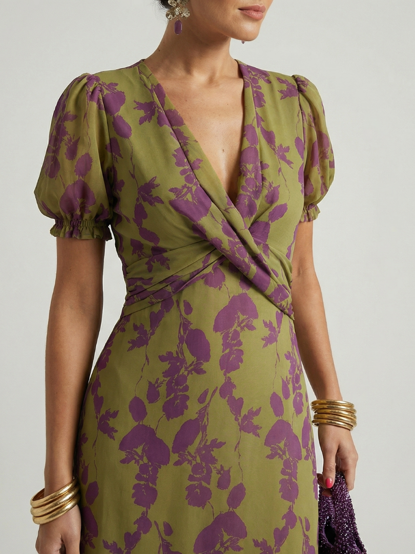 Floral V-neck wrap midi dress with short puff sleeves and gathered seams at the waist