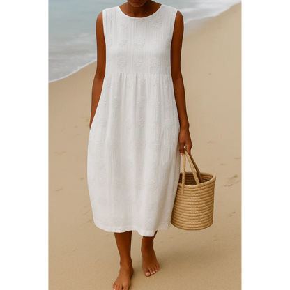 White embroidered sleeveless midi dress, round neck, floral textured motifs