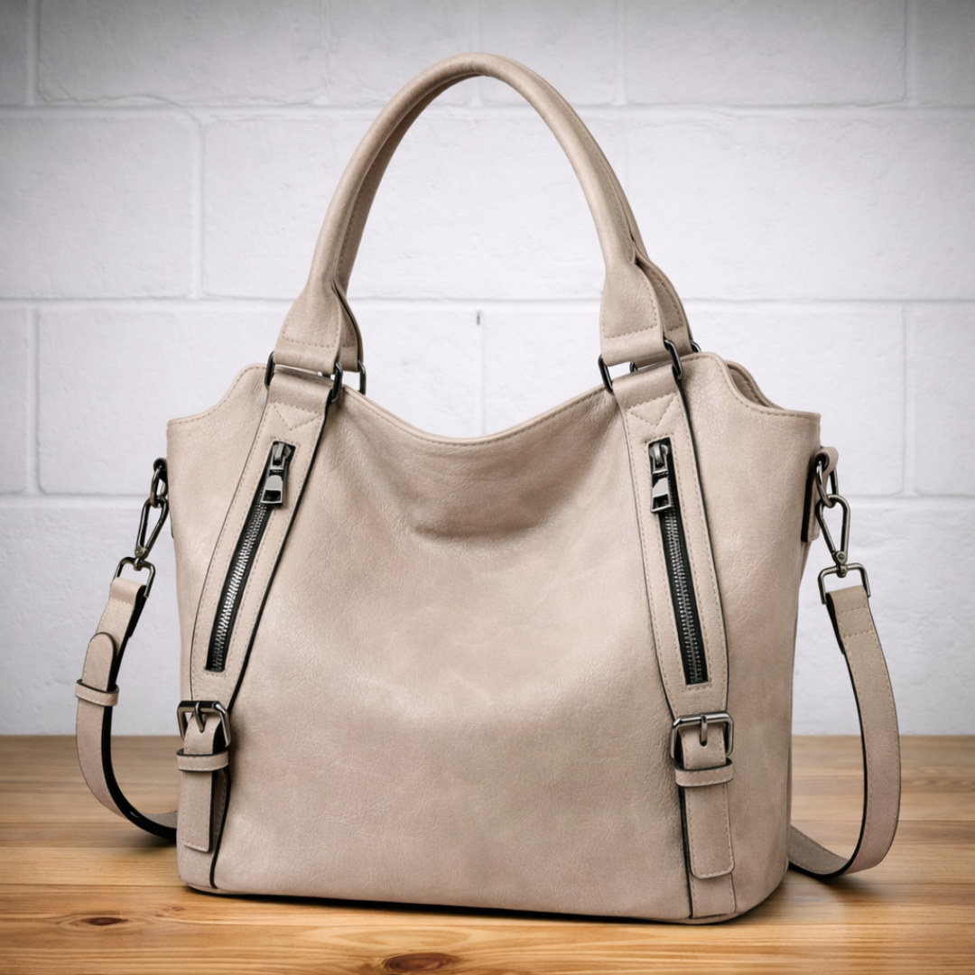 Oatmeal leather hobo tote bag with two top handles, dual zip pockets, and crossbody strap