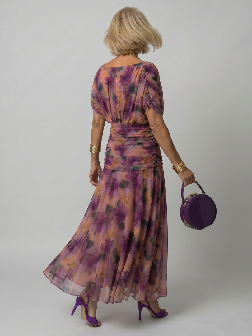 Purple off-shoulder flow midi dress, ruched back and flared sheer skirt