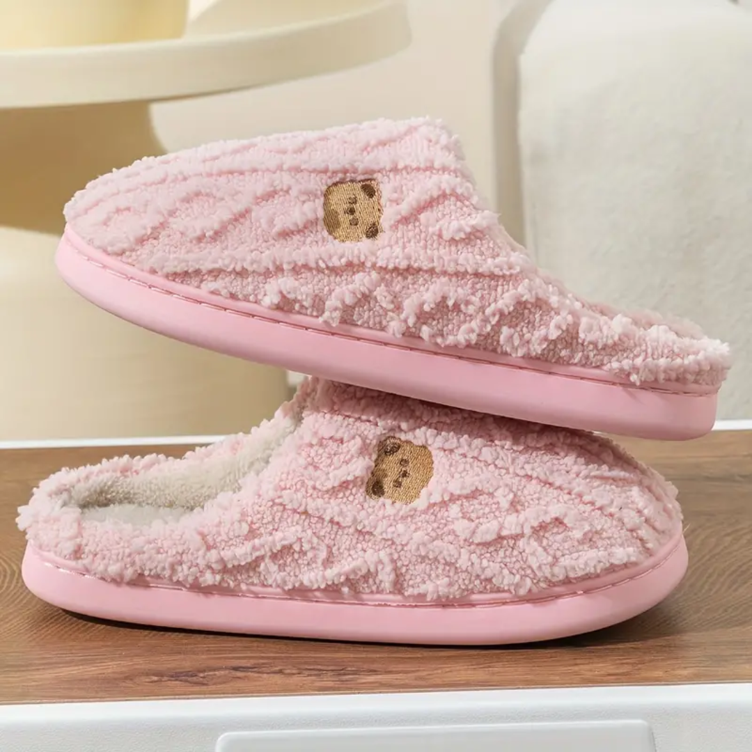 Fuzzy bear print slippers in pink, slip-on with padded sole and stitched side