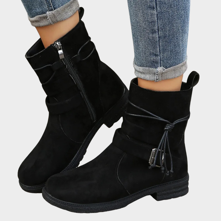 Black suede low-heel ankle boots with side zipper and braided lace tie