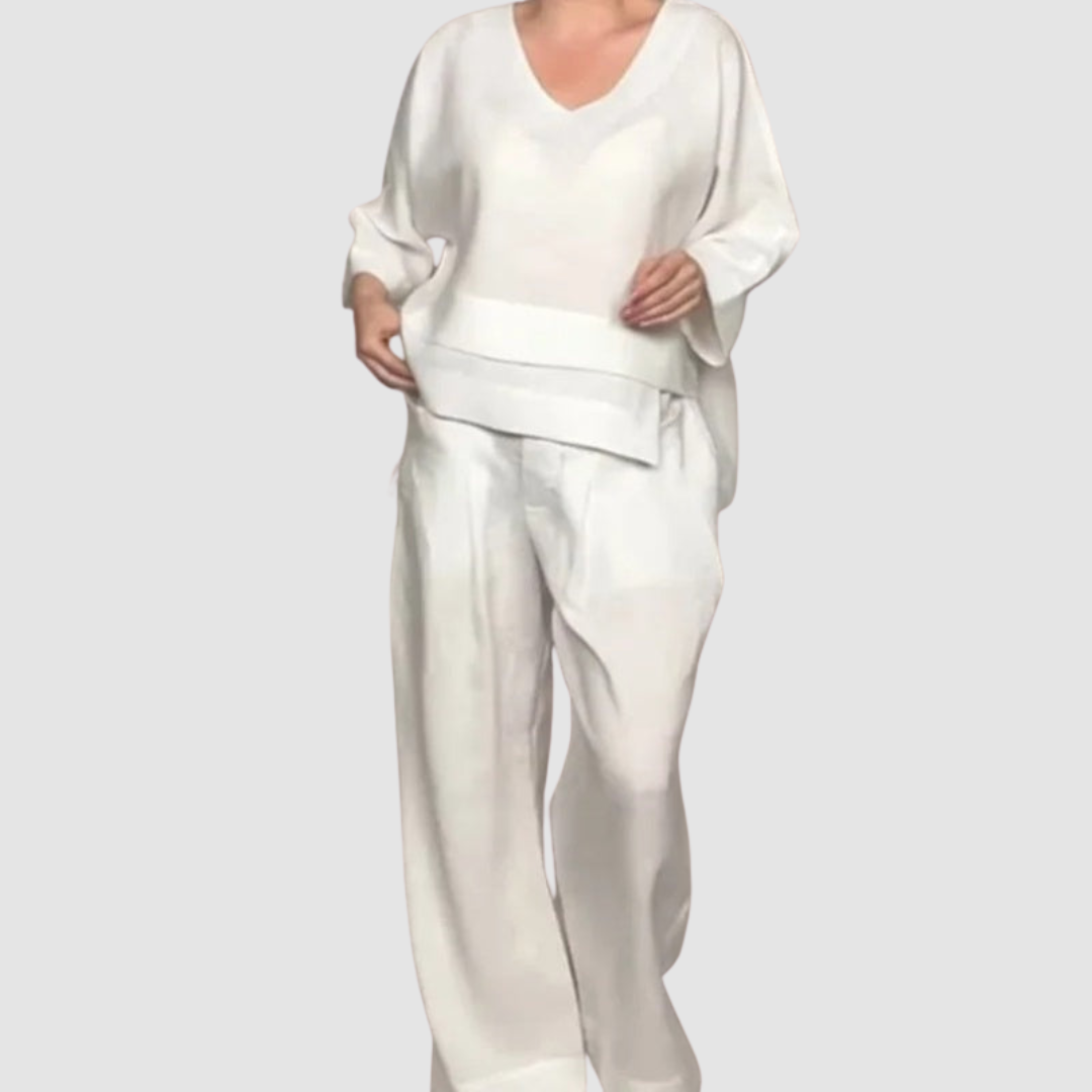 White relaxed 2-piece set with asymmetrical V-neck top and wide-leg pants