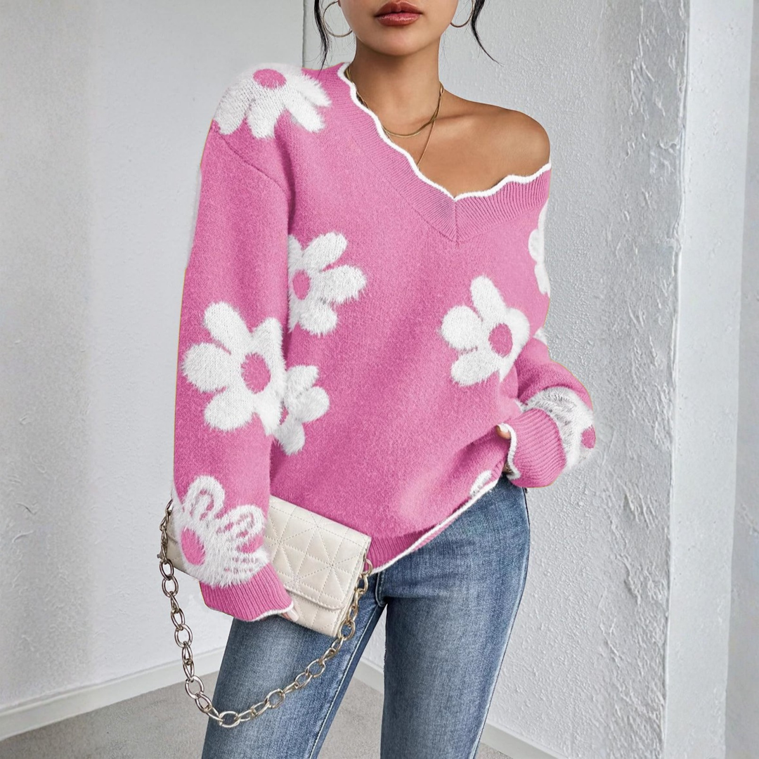Pink drop-shoulder long-sleeve V-neck sweater with white flower appliques