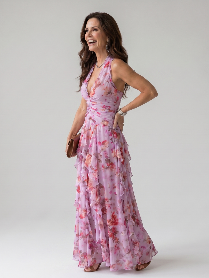 Pink floral maxi dress, halter neckline with ruched bodice and tiered ruffle hem