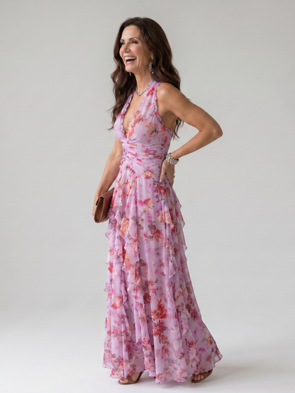 Pink floral maxi dress, halter neckline with ruched bodice and tiered ruffle hem